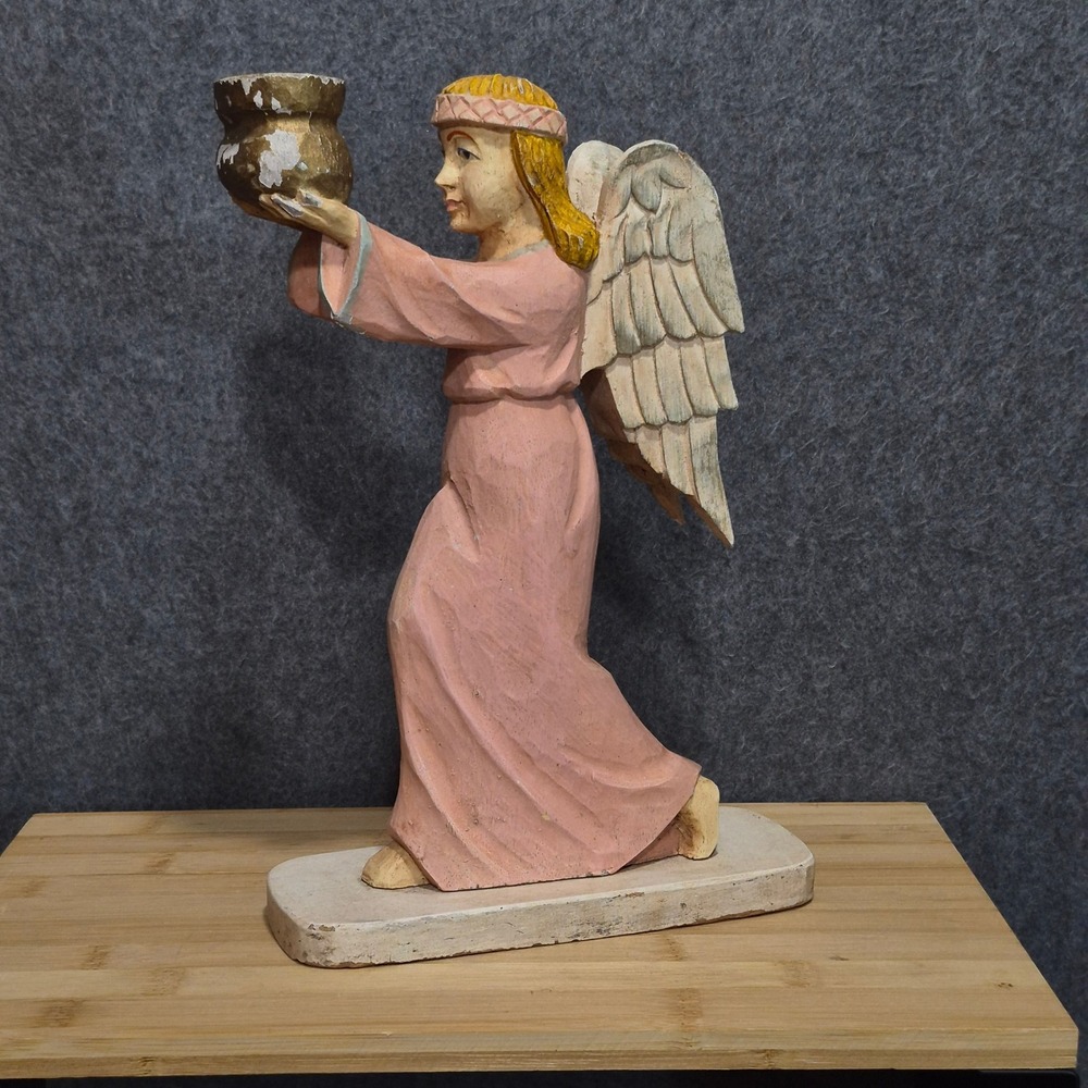 Vtg 1970s Hand Carved Wooden Angel Taper Holder Cottage Farmhouse Rustic